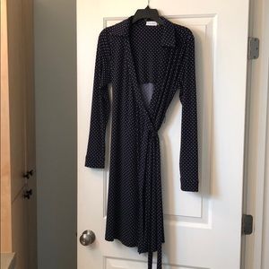 Long sleeve wrap dress navy blue white polkadots